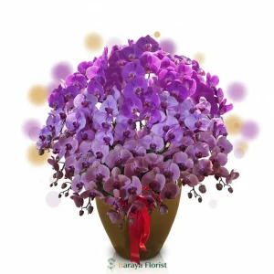 bunga meja anggrek ungu pot emas