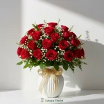 bunga meja mawar merah segar elegan