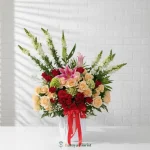 bunga meja mawar peach lily merah