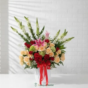 bunga meja mawar peach lily merah