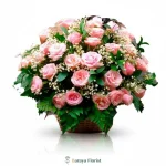 bunga meja mawar pink keranjang