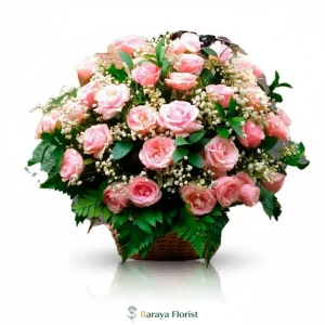 bunga meja mawar pink keranjang