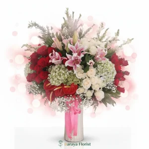 bunga meja ulang tahun merah pink