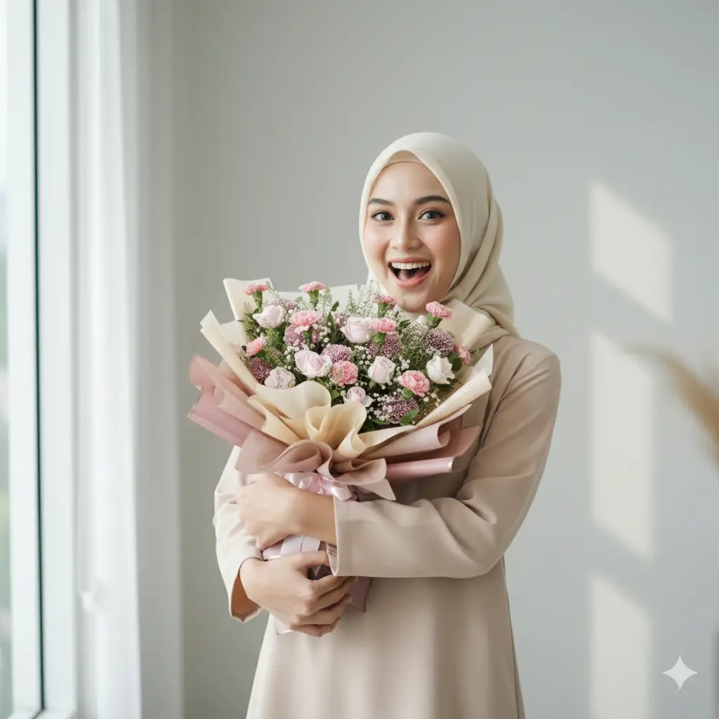 Pelanggan Baraya Florist menerima hand bouquet bunga segar