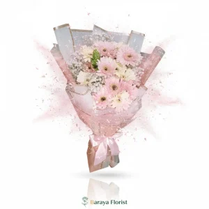 hand bouquet bunga pink pastel simple dengan wrapping lembut untuk hadiah ulang tahun wisuda anniversary