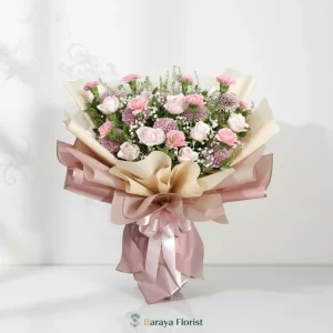 hand bouquet bunga pink putih dengan wrapping pastel untuk hadiah lamaran anniversary ulang tahun