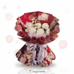 hand bouquet bunga putih dengan wrapping merah motif elegan untuk hadiah anniversary pernikahan ulang tahun