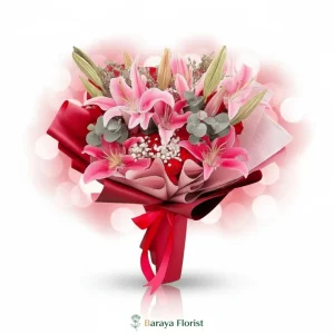 hand bouquet lily pink dan mawar merah untuk hadiah anniversary ulang tahun lamaran