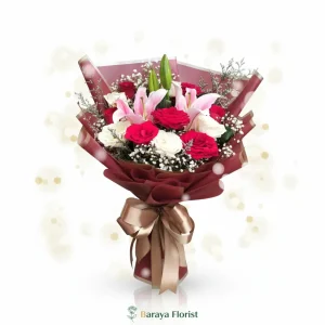 hand bouquet lily pink mawar merah putih dengan wrapping coklat untuk hadiah anniversary lamaran ulang tahun
