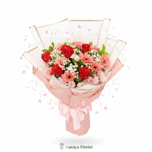 hand bouquet mawar merah dan bunga pink dengan wrapping transparan gold untuk hadiah anniversary ulang tahun prewedding