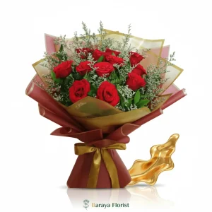 hand bouquet mawar merah dengan pita satin emas dan wrapping gold untuk hadiah anniversary lamaran ulang tahun