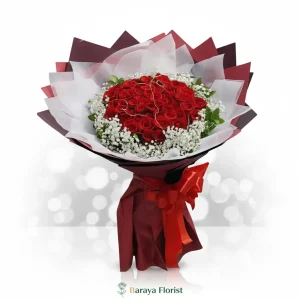 hand bouquet mawar merah elegan baby breath