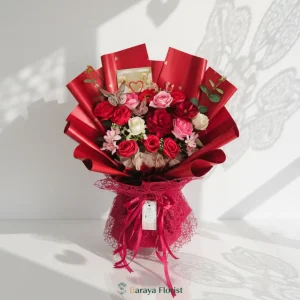 hand bouquet mawar merah romantis elegan