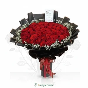 hand bouquet mawar merah wrapping hitam elegan