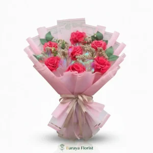 hand bouquet mawar pink dengan wrapping pastel untuk hadiah ulang tahun anniversary wisuda