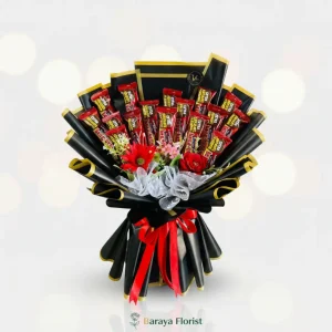 hand bouquet snack cokelat dengan wrapping hitam gold untuk hadiah ulang tahun wisuda anniversary
