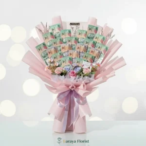 hand bouquet uang pink bunga pastel wisuda