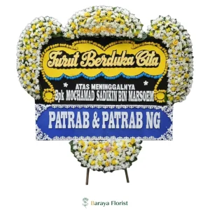 papan bunga duka cita hitam kuning biru