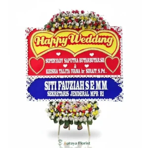 papan bunga wedding merah kuning cerah