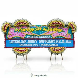 papan bunga wedding pernikahan biru pink
